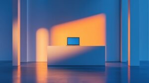 Op de afbeelding zie je een minimalistische foto, de kleuren zijn blauw en oranje van het zonlicht, en in de verte zie je een laptop staan. Keller SEO | Pagina optimalisatie