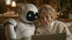 In deze blog lees je over ChatGPT als verkoopkanaal. Wat betekent dit voor jou als ondernemer en welke stappen kan je nemen? De foto die bij deze blog hoort is een oudere vrouw met een (AI-)robot.