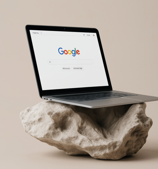 Een laptop op een steen met Google op de achtergrond | Webdesign Dordrecht Website laten ontwikkelen Dordrecht door Keller SEO | Op deze foto zie je een laptop op een steen, een minimalistische foto, met Google op het scherm van de laptop