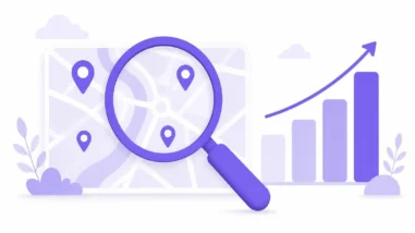 Stijgende grafiek voor SEO Vergrootglas boven een kaart met locaties en een stijgende grafiek voor SEO