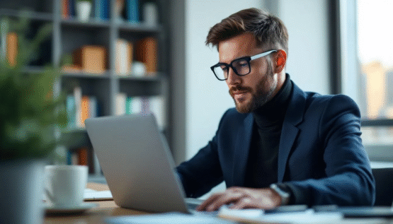 SEO tekstschrijver Een professionele SEO tekstschrijver werkt geconcentreerd aan zijn laptop, terwijl zoekresultaten op het scherm worden weergegeven. De afbeelding benadrukt het belang van zoekmachine optimalisatie en SEO copywriting voor het aantrekken van potentiële klanten.