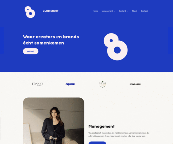 Een voorbeeld van een klant die een website door Keller SEO heeft laten maken in Dordrecht. Dit is de homepage van CLUB EIGHT.